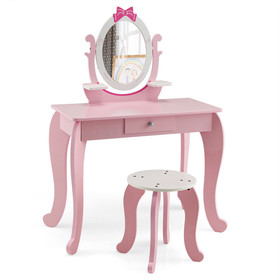 Costway 56213974 Kid Vanity Table Stool Set with Oval Rotatable Mirror-Pink