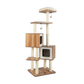 Costway 56314987 Modern Wooden Cat Tree with Perch Condos and Washable Cushions-Natural