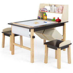 Costway 56723841 Kids Art Table and Chairs Set with Paper Roll and Storage Bins-Coffee