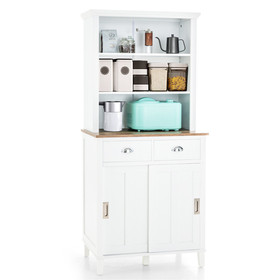Costway 57160849 Freestanding Kitchen Pantry with Hutch Sliding Door and Drawer-White