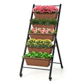 Costway 57948126 5-Tier Vertical Raised Garden Bed with Wheels and Container Boxes-Brown