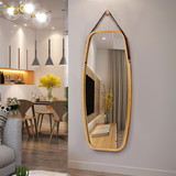 Costway 61574890 Modern Wall Mirror with Bamboo Frame and Adjustable Leather Strap