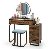 Costway 61972583 Vanity Table Set with 3-Color Lighted Mirror and Charging Station-Brown