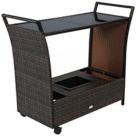 Costway 63189745 Patio Rattan Bar Serving Cart with Glass Top and Handle