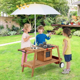 Costway 64291583 Wooden Play Cart with Sun Proof Umbrella for Toddlers Over 3 Years Old