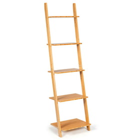 Costway 64398251 5-Tier Modern Bamboo Wall-Leaning Display Ladder Bookshelf