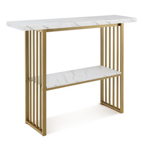 Costway 64572108 48 Inch 2-Tier Console Table with Gold Finished Frame-White