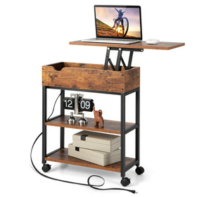 Costway 67354182 Lift Top End Table with Charging Station and Universal Wheels-Rustic Brown