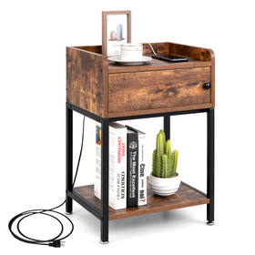 Costway 68371492 Lift Top End Table with Charging Station and Storage Shelves-Coffee