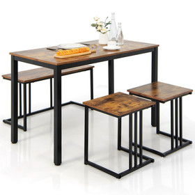 Costway 68721304 4 Pieces Industrial Dining Table Set with Bench and 2 Stools-Brown