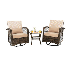 Costway 71264539 3 Pieces Outdoor Wicker Conversation Set with Tempered Glass Coffee Table-Beige