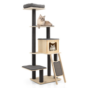 Costway 71980354 5-Tier Modern Wood Cat Tower with Washable Cushions-Gray