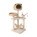 Costway 74528913 Multi-Level Cat Tree with Condo Hammock and Rotatable Hanging Balls-Natural