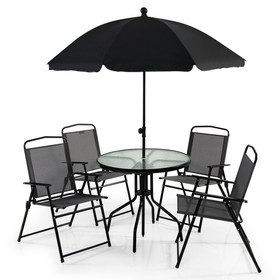 Costway 76823459 6 Pieces Patio Dining Set Folding Chairs Glass Table Tilt Umbrella for Garden-Gray