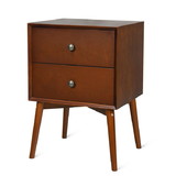 Costway 80435691 Nightstand Mid-Century End Side Table with 2 Drawers and Rubber Wood Legs-Brown