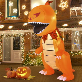 Costway 80697514 8 Feet Halloween Inflatables Pumpkin Head Dinosaur with LED Lights and 4 Stakes