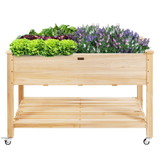 Costway 83249167 Wood Elevated Planter Bed with Lockable Wheels Shelf and Liner
