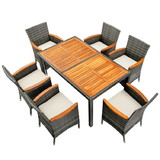 Costway 83291670 7 Pieces Patio Acacia Wood Cushioned Rattan Dining Set