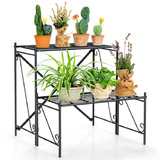 Costway 85026473 2-Tier Stair Style Metal Plant Stand for Indoor and Outdoor-Black