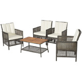 Costway 85607923 5 Pieces Patio Rattan Furniture Set Cushioned Sofa Armrest Wooden Tabletop-Off White
