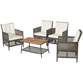 Costway 85607923 5 Pieces Patio Rattan Furniture Set Cushioned Sofa Armrest Wooden Tabletop-Off White