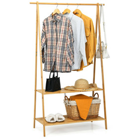 Costway 86320517 Bamboo Clothes Hanging Rack with 2-Tier Storage Shelf for Entryway Bedroom-Natural