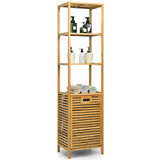Costway 86412359 Bamboo Tower Hamper Organizer with 3-Tier Storage Shelves-Natural