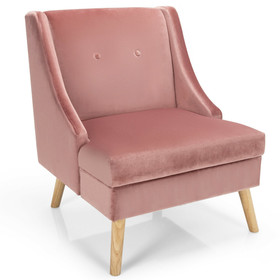 Costway 90156742 Velvet Wing Back Accent Chair with Rubber Wood Legs and Padded Seat for Living Room-Pink
