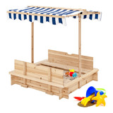 Costway 94512803 Kids Wooden Sandbox with Canopy and Foldable Bench Seats