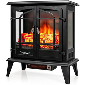 Costway 94532076 25 Inch Freestanding Electric Fireplace Heater with Realistic Flame effect-Black