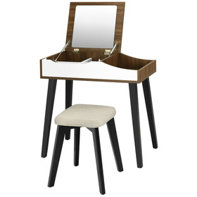 Costway 98617043 Vanity Table Set with Flip Top Mirror and Padded Stool-Brown