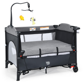 Costway 31968057 5-in-1 Baby Nursery Center Foldable Toddler Bedside Crib with Music Box-Black