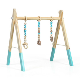 Costway 58964023 Portable 3 Wooden Newborn Baby Exercise Activity Gym Teething Toys Hanging Bar-Blue