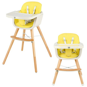 Costway 02951647 3-in-1 Convertible Wooden High Chair with Cushion-Yellow