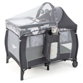 Costway 73514286 Portable Baby Nursery Center 4-in-1 Portable Travel Crib-Gray