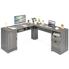 Costway 42705389 66 Inch L-Shaped Writing Study Workstation Computer Desk with Drawers-Gray