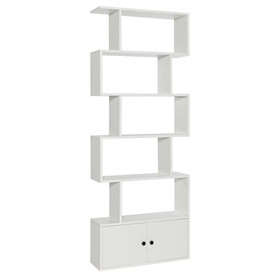 Costway 96854237 6-Tier S-Shaped Freestanding Bookshelf with Cabinet and Doors-White