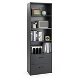 Costway 45837612 6-Tier Tall Freestanding Bookshelf with 4 Open Shelves and 2 Drawers-Black