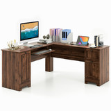 Costway 58942736 L-Shaped Office Desk with Storage Drawers and Keyboard Tray-Walnut