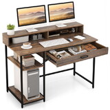 Costway 12579864 48 Inch Computer Desk with Monitor Stand Drawer and Shelves-Rustic Brown