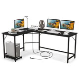 Costway L-Shaped Computer Desk with CPU Stand Power Outlets and USB Ports-Black