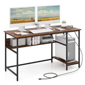 Costway 14967283 55 Inches Computer Desk with Charging Station-Brown