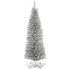 Costway 61904357 6 Feet Tinsel Tree Unlit Slim Pencil Christmas Tree-Silver