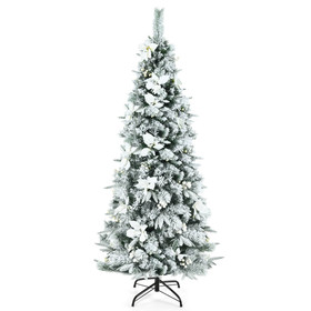 Costway 35018294 Snow Flocked Christmas Pencil Tree with Berries and Poinsettia Flowers-6 ft