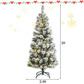 Costway 29768153 5 Feet Pre-Lit Hinged Christmas Tree Snow Flocked with 9 Modes Remote Control Lights