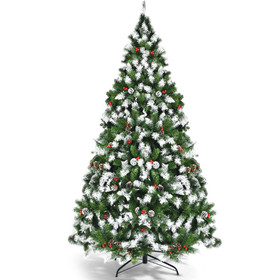 Costway 19256378 Pre-lit Snow Flocked Christmas Tree with Red Berries and LED Lights