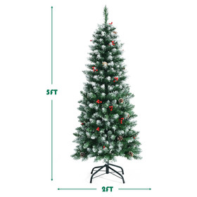 Costway 04562183 Pre-lit Artificial Pencil Christmas Tree with Pine Cones and Red Berries-5 ft