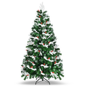 Costway 45186907 Unlit Snowy Hinged Christmas Tree with Mixed Tips and Red Berries-6'