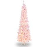 Costway 25469810 7 Feet Pre-Lit Snow Flocked Hinged Pencil Christmas Tree with 300 Lights and 8 Modes