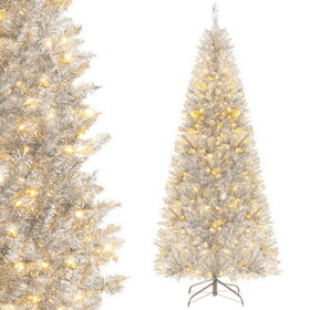 Costway 6/7 FT Pre-Lit Artificial Silver Tinsel Xmas Tree with 790 Branch Tips and 300 LED Lights-6 ft